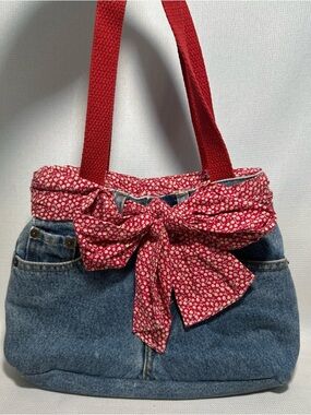 Levi's Denim Shoulder Bag with Red Floral Bow and Red Straps